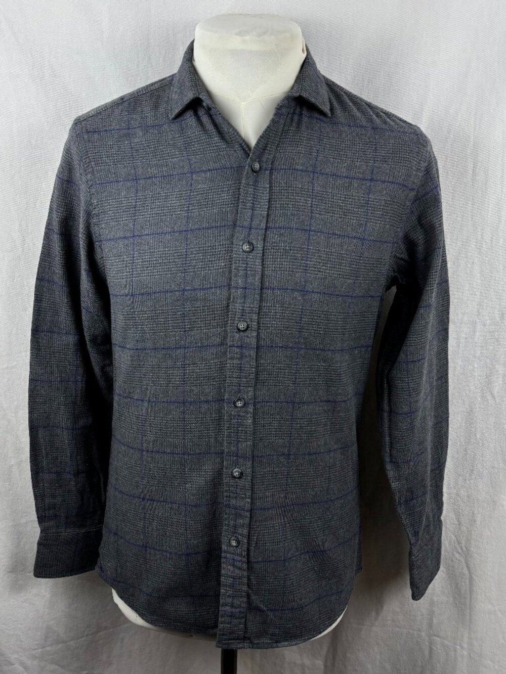 Proper Cloth Canclini Beacon Flannel Shirt Grey Blue Glen Plaid Cotton Small